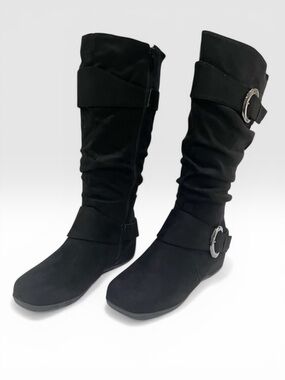 Journee Collection Jester Tall Boots Buckle Side Zip Faux Suede Black 8 NEW